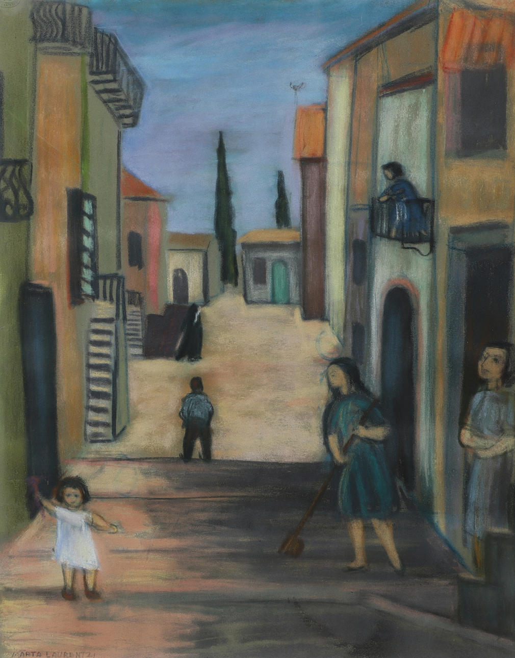 MÄRTA LAURENTZI. City street with figures, mixed media, signed.