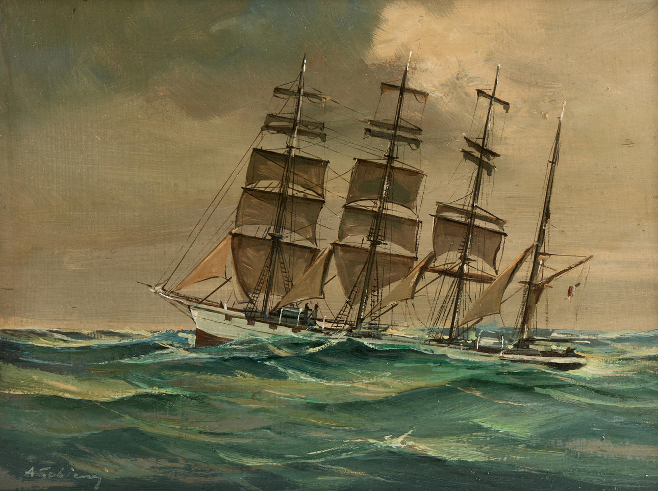 SHIP PORTRAIT, four-masted bark, signed, oil on panel.