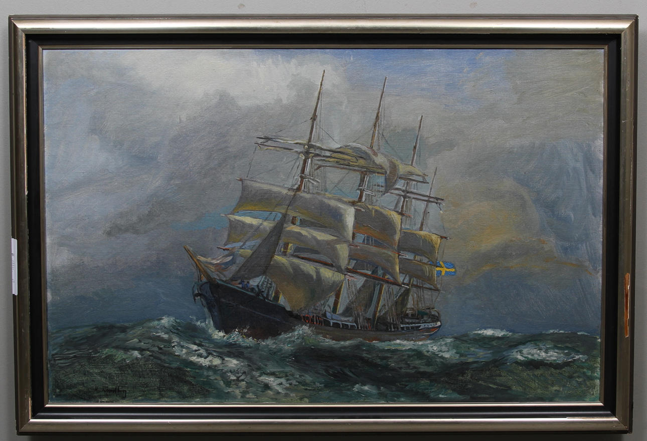 HARALD LINDBERG. "Fyrmastbarken C.B. Pedersen", olja på duk, signerad H. Lindberg.