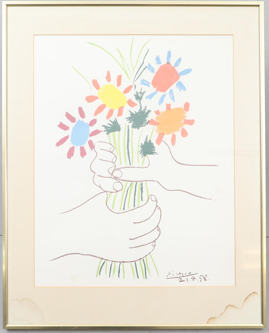 PABLO PICASSO. Flower scene. Color lithography. Signed in the print.