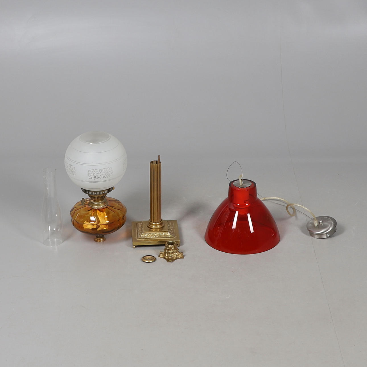 BRASS OIL LAMP & GLASS CEILING LIGHT.