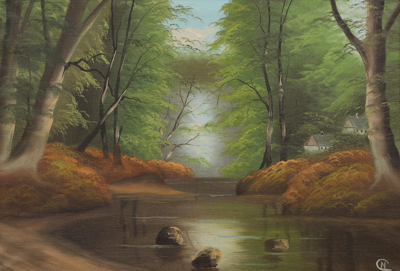 OIDENTIFIERAD KONSTNÄR. Oil on canvas, Skogsån, Monogram signed CN.
