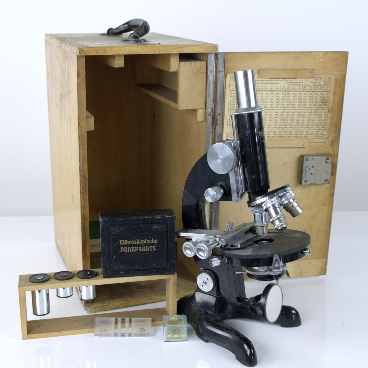 A SCATTULL MICROSCOPE, with accessories, Steindorff & Co, Berlin, Germany, first half of the 20th century.