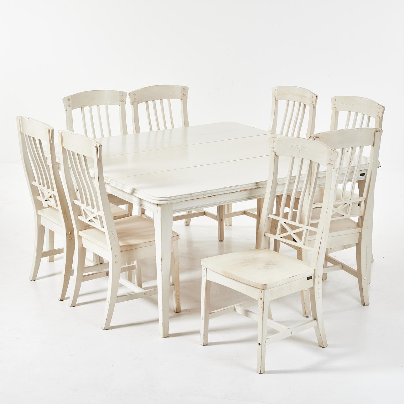 DINING GROUP, 9 dlr, table with insert top and 8 chairs, white glazed, tray marked, Country, 20th century.