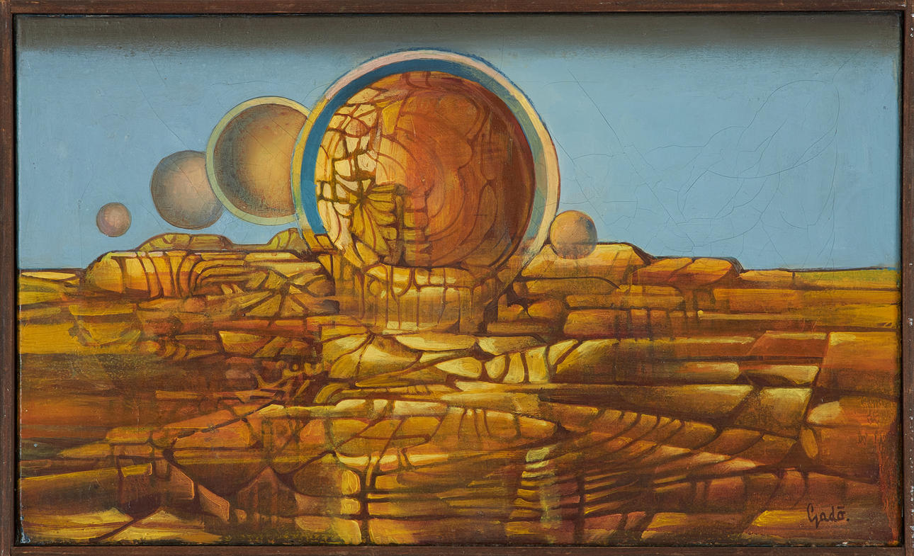 BERTIL GADÖ. “Landscape with planets”, oil on canvas, Signed.