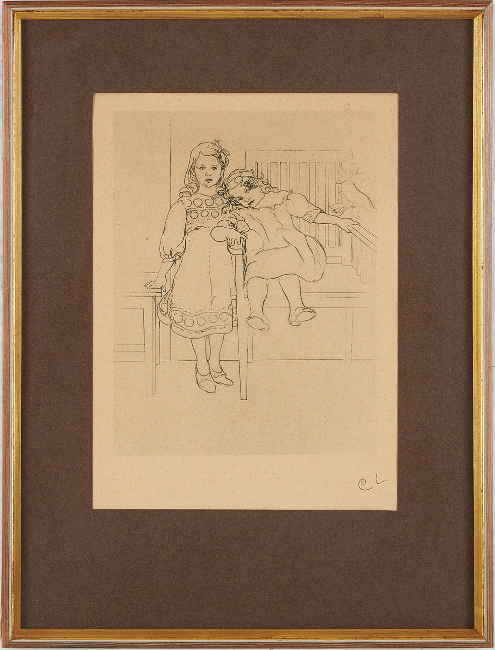 CARL LARSSON. “Two sisters”, etching, monogram signed.