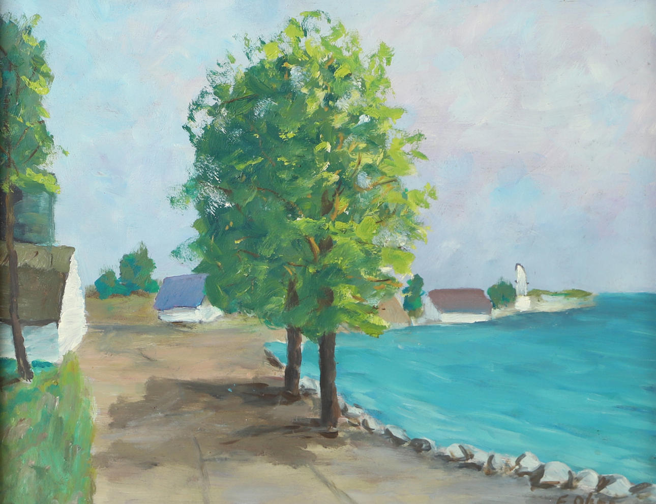 OIDENTIFIERAD KONSTNÄR. Coastal lot with trees, oil on panel, signed E. Olson.