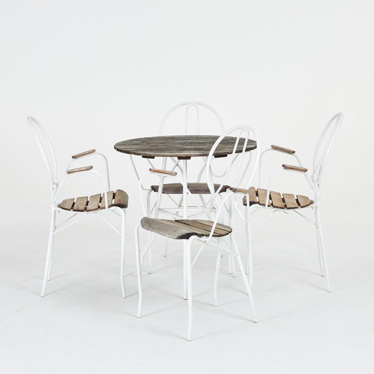 TORE AHLSÉN, garden group, 5 dlr, table and 4 armchairs, frame in teak, white lacquered frame, from the series “Pia”, for Gärsnäs, designed 1942.