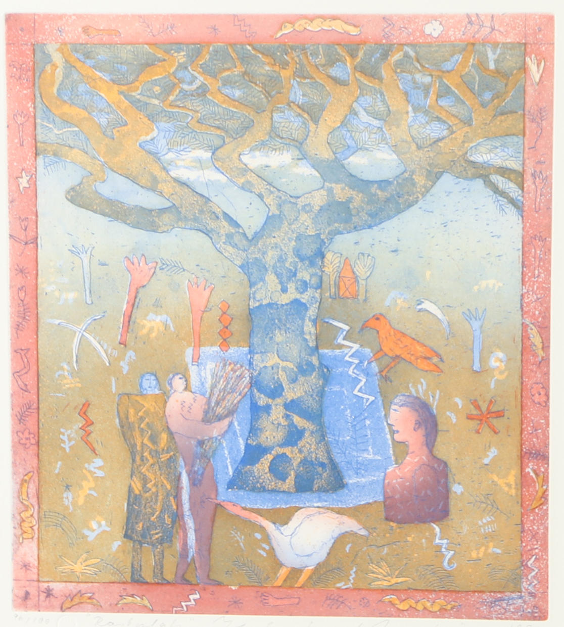 HELMTRUD NYSTRÖM. Figures under trees, etching, signed 1990.