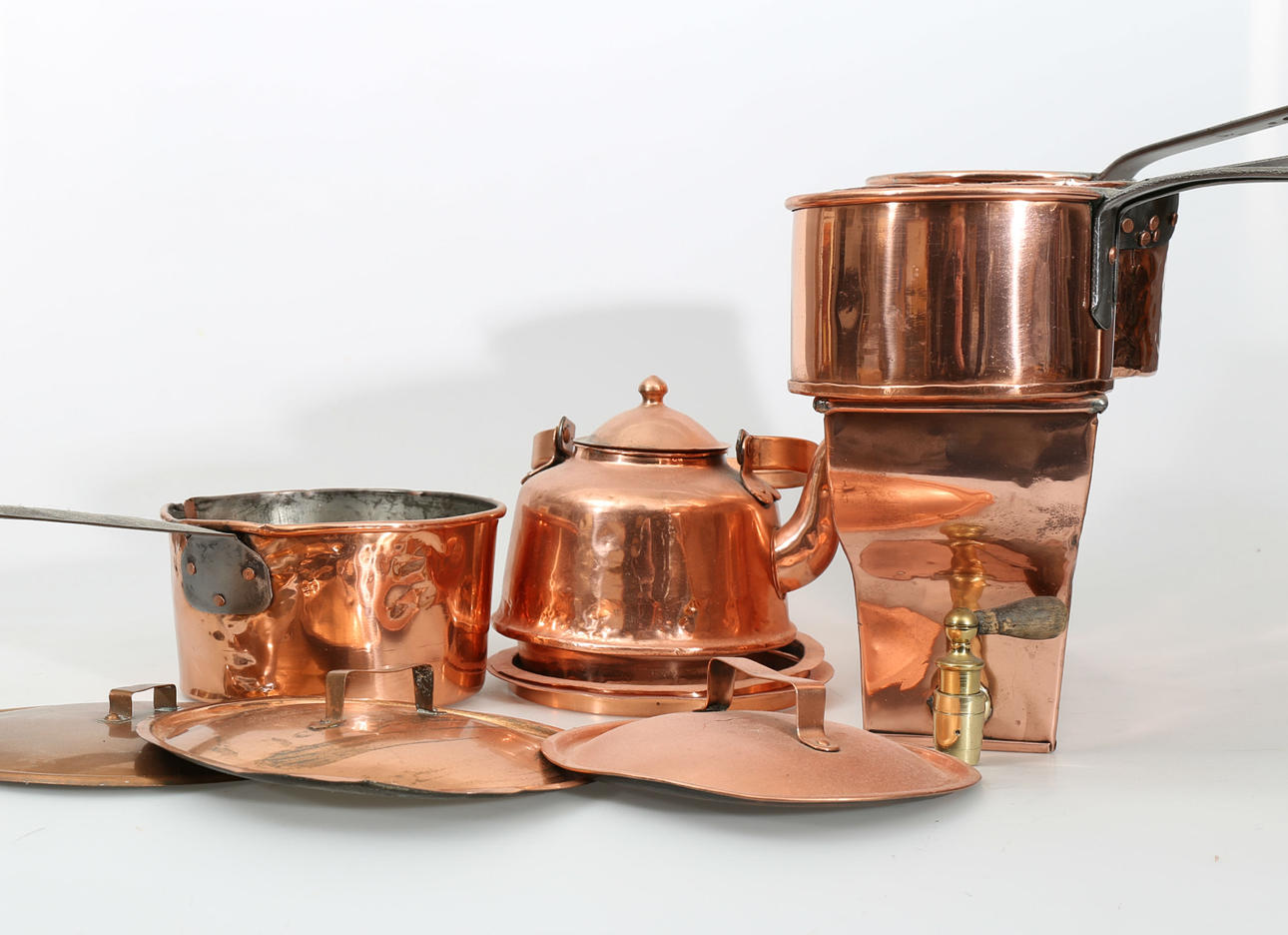 KASTRULLER OCH KÄRL, koppar, 6 stycken, 1800-1900-tal.