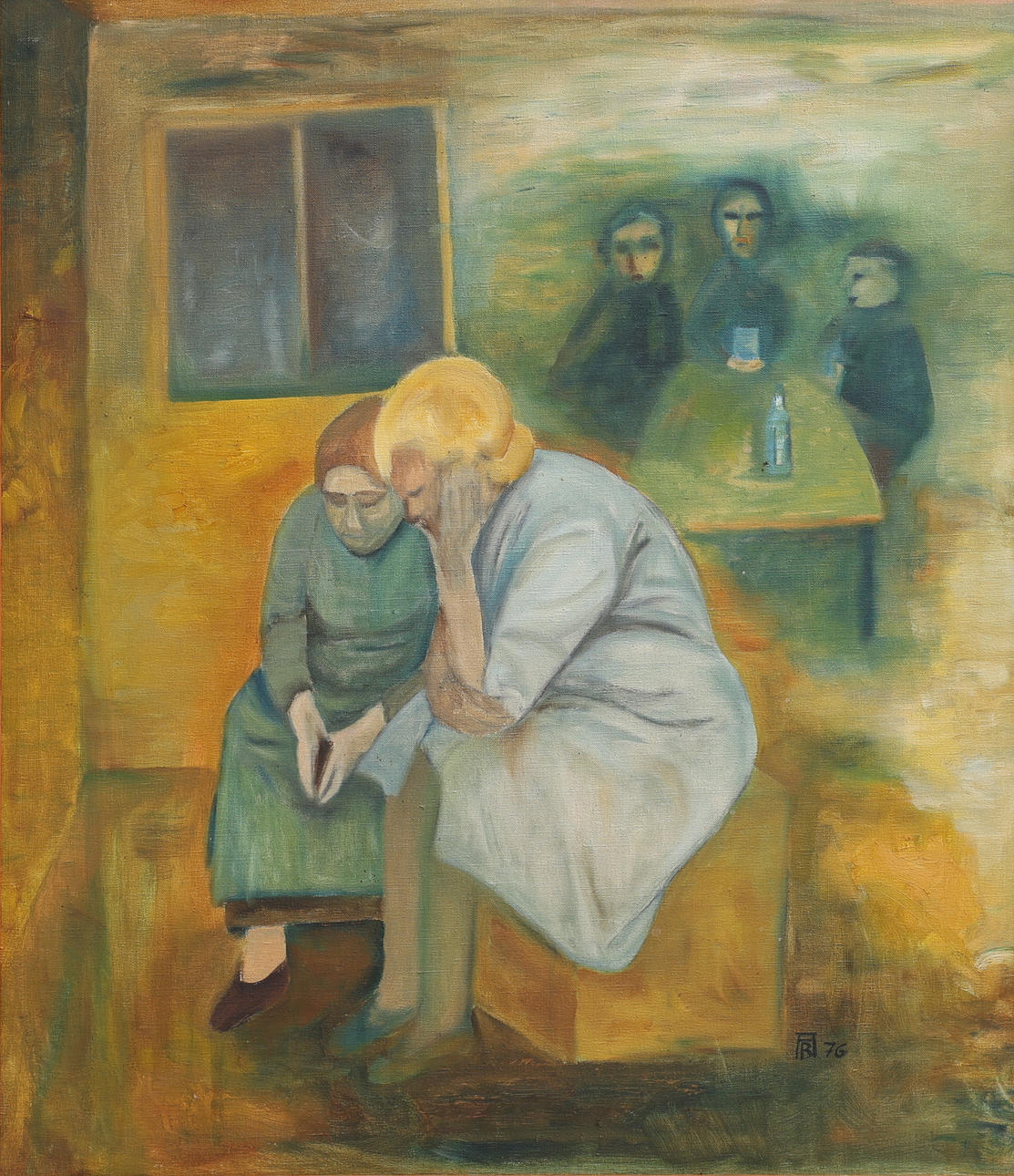 ANNELIESE BÄHRING-FAUST. OIL ON CANVAS, FIGURINE SCENE, MONOGRAM SIGNED AND DATED 1976.