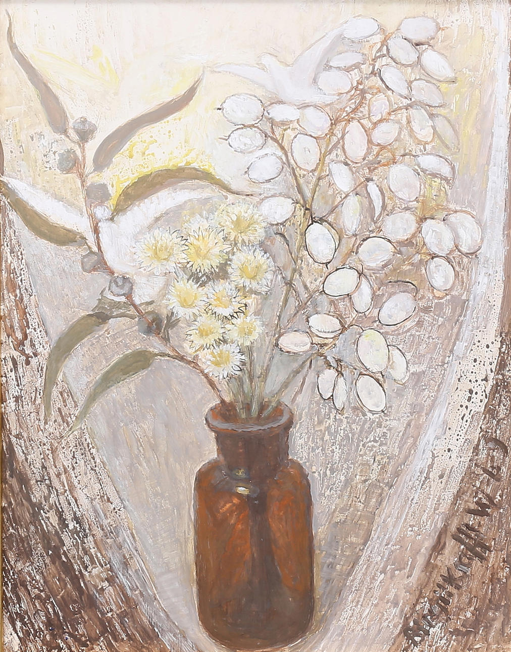 BIRGIT KRAFFT-WAESTERBERG. (Västervik) Oil on panel, “Moon violets mm. “, signed.