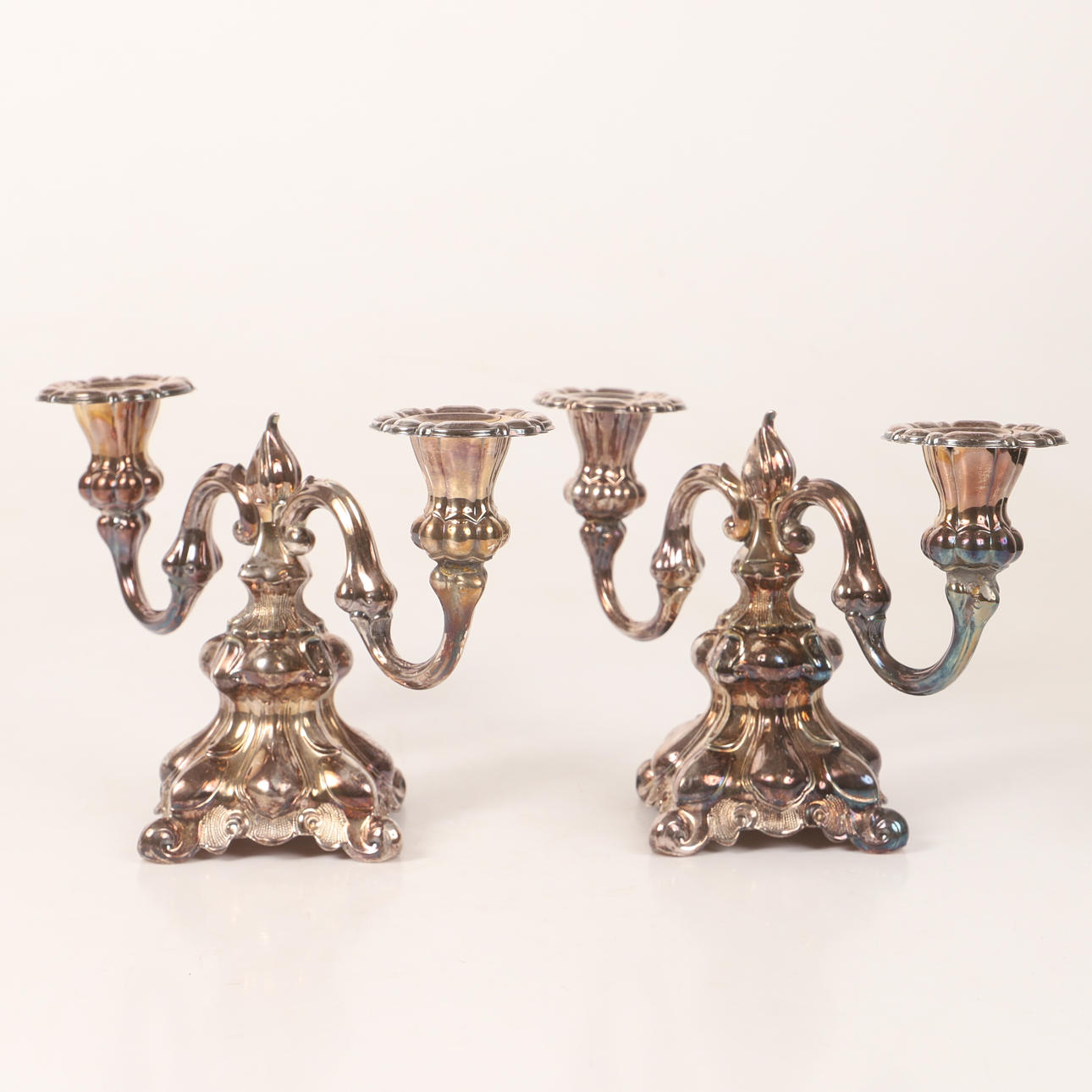 CANDELABRAS, 1 pair, 2-armed, nickel silver.