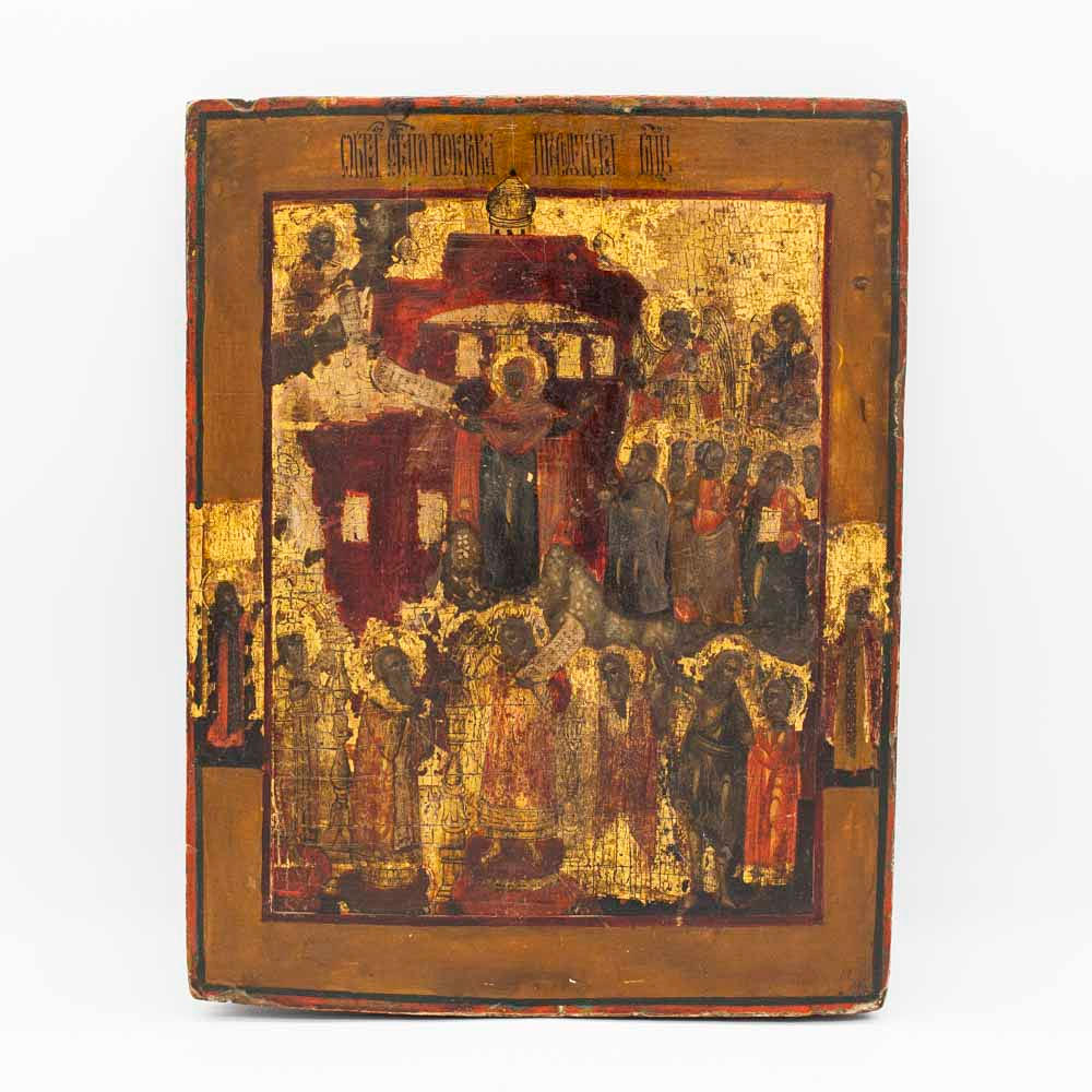 RUSSIAN ICON, HOLY SQUARE OF POKROV WITH PROCESSION OF SAINTS, TEMPERA ON GOLD AND WOOD, RUSSIA, END OF 19TH CENTURY.