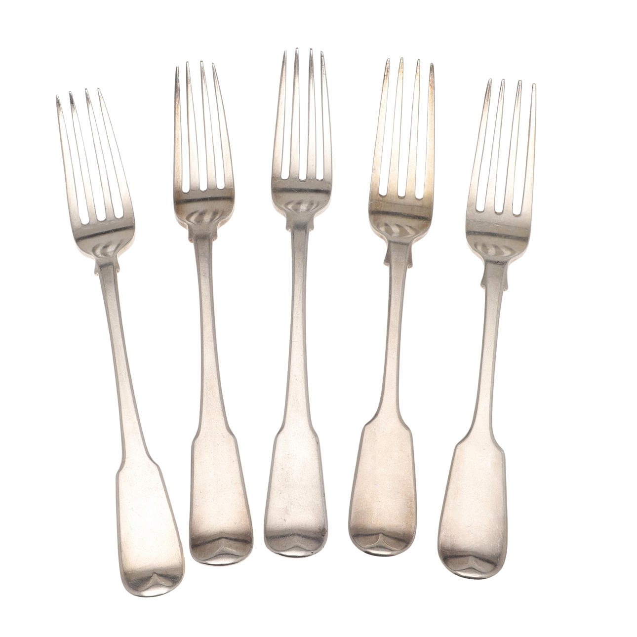 FIVE 19TH CENTURY SILVER FIDDLE PATTERN TABLE FORKS.