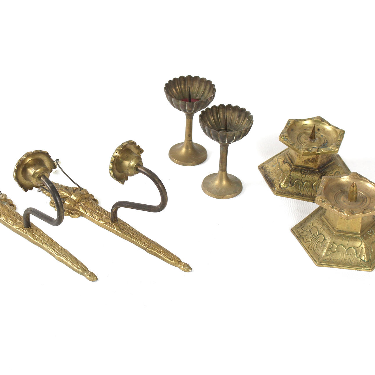 CANDLESTICKS, 2 pairs and sconces, brass.
