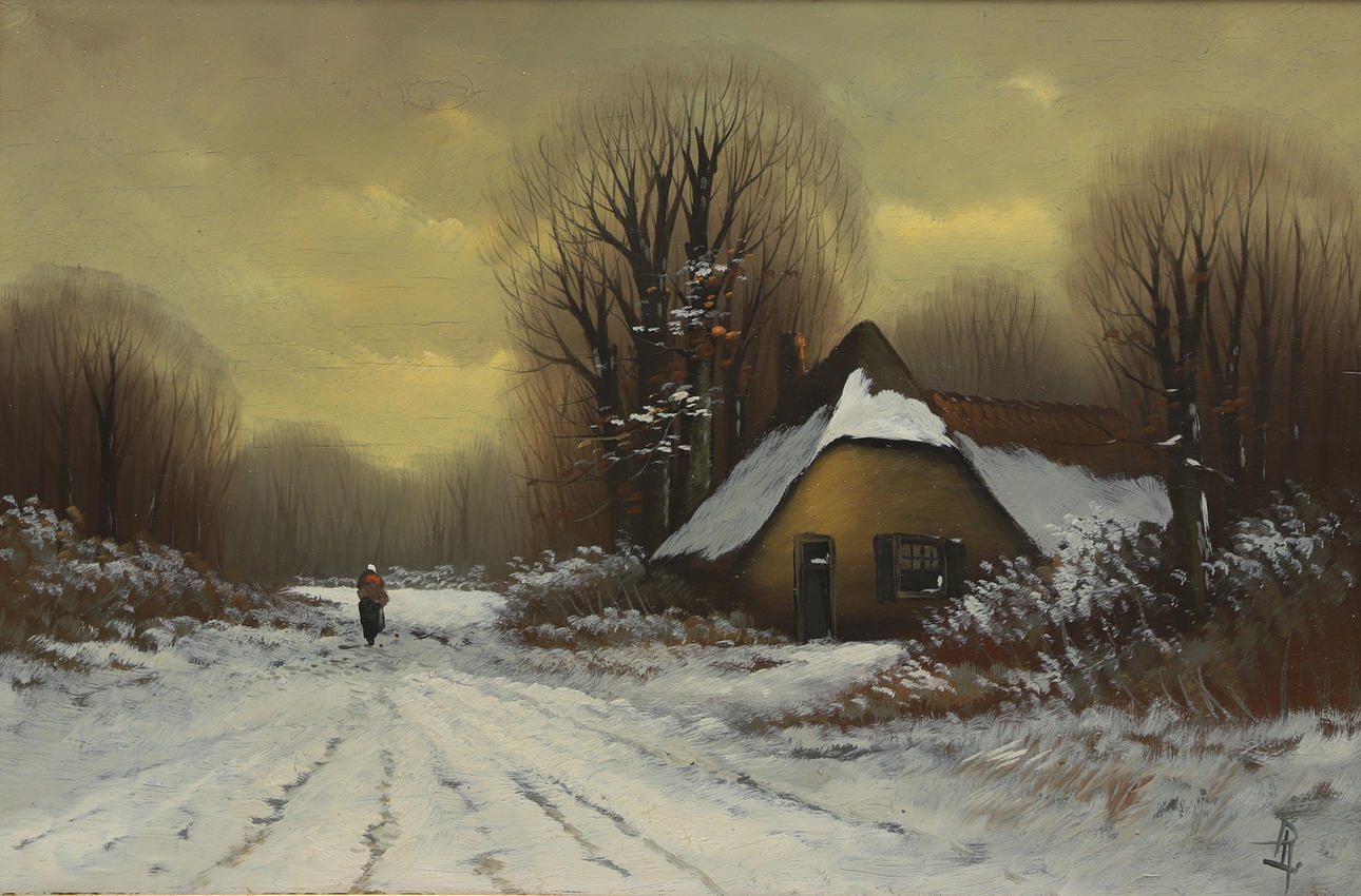 OIDENTIFIERAD KONSTNÄR. oil on panel, figure in winter landscape, monogram signed.