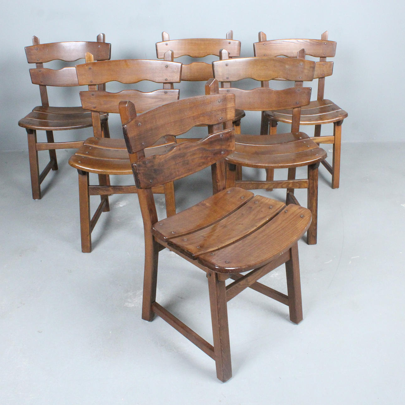 1960s Brutalist “Razor” Dining Room Chairs, Oak.