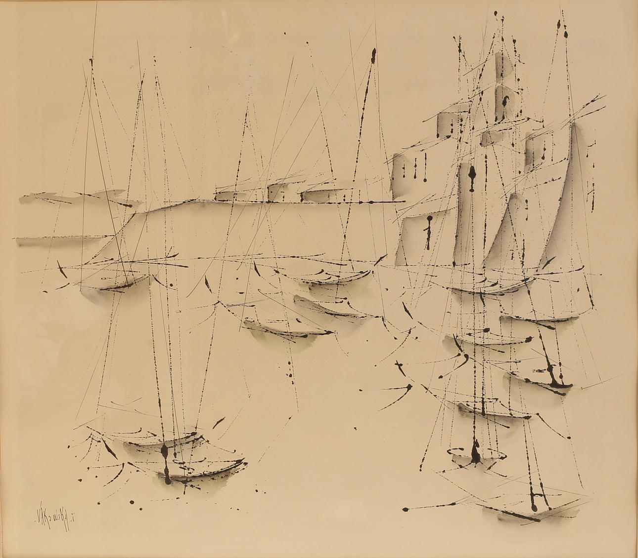 JAN VAKOWSKAI. Marking on paper, Boats moored, signed.