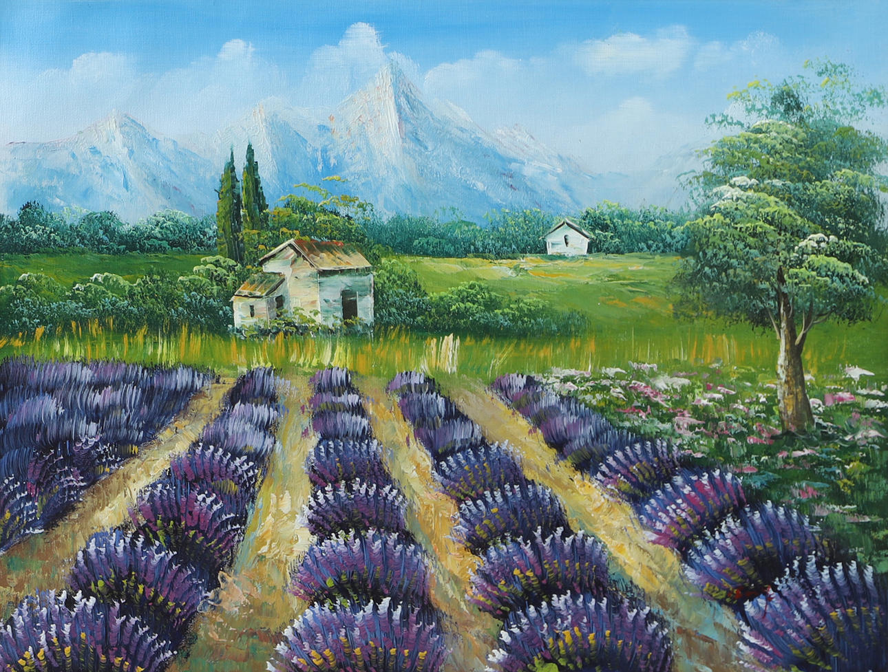 OKÄND KONSTNÄR. Landscape with lavender, mixed media, unsigned.