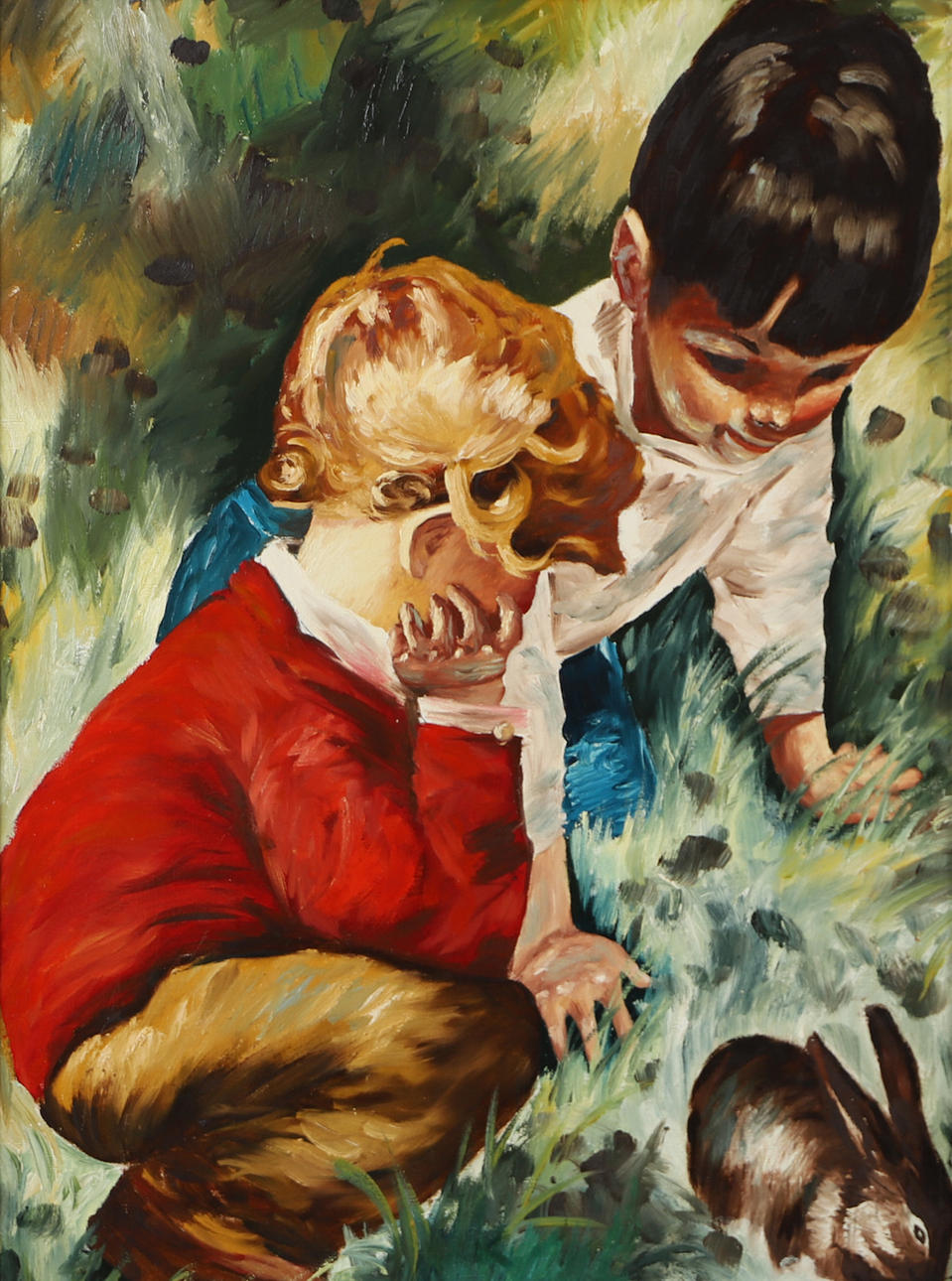 OKÄND KONSTNÄR. Child with rabbit, oil on canvas, unsigned.