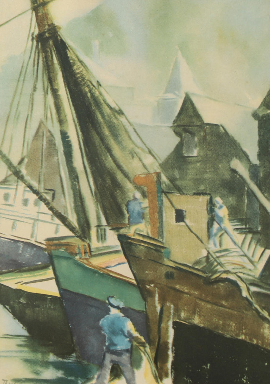 OIDENTIFIERAD KONSTNÄR. Harbour motif, print, signed Thiel.