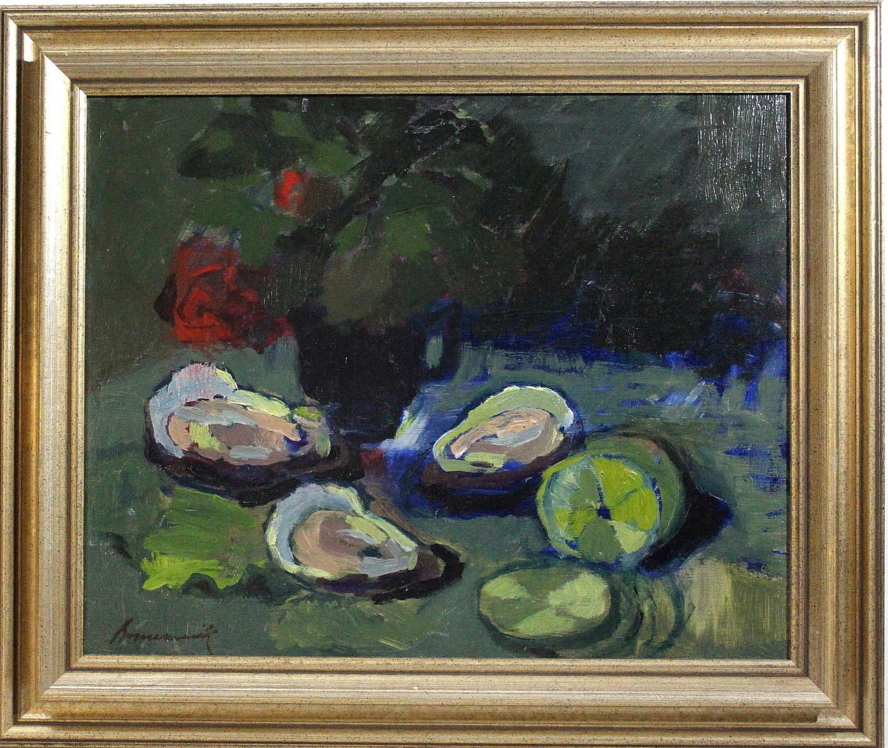 UNO BORNEMARK. olja på pannå, stilleben, signerad.