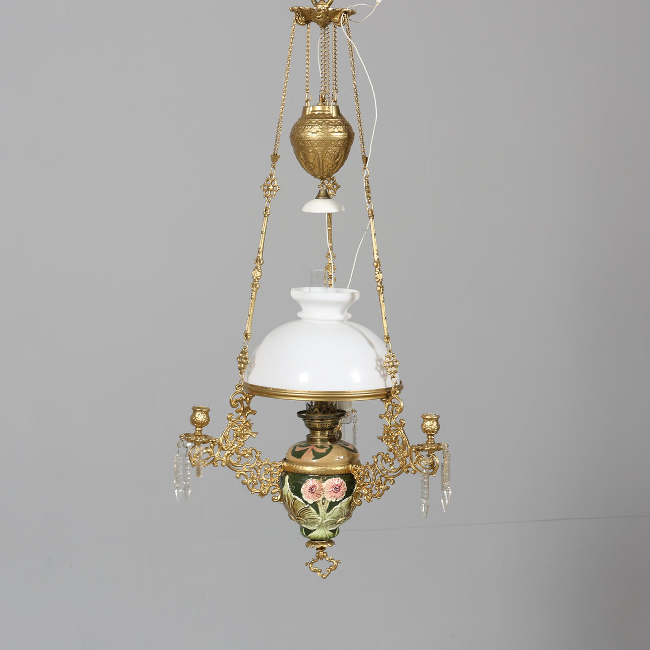 PENDANT KEROSENE LAMP, electrified, majolica.