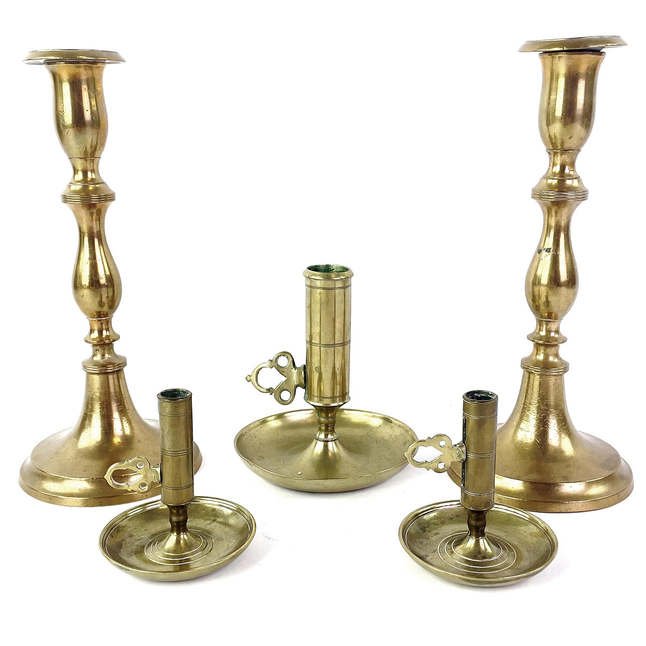CANDLE HOLDERS/NIGHT CANDLESTICKS, 5 pcs. Brass.