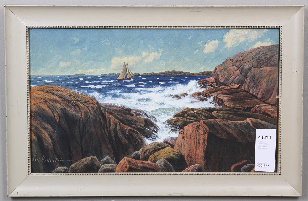 KARL HILLESTRÖM. Västkustbild med segelbåt.