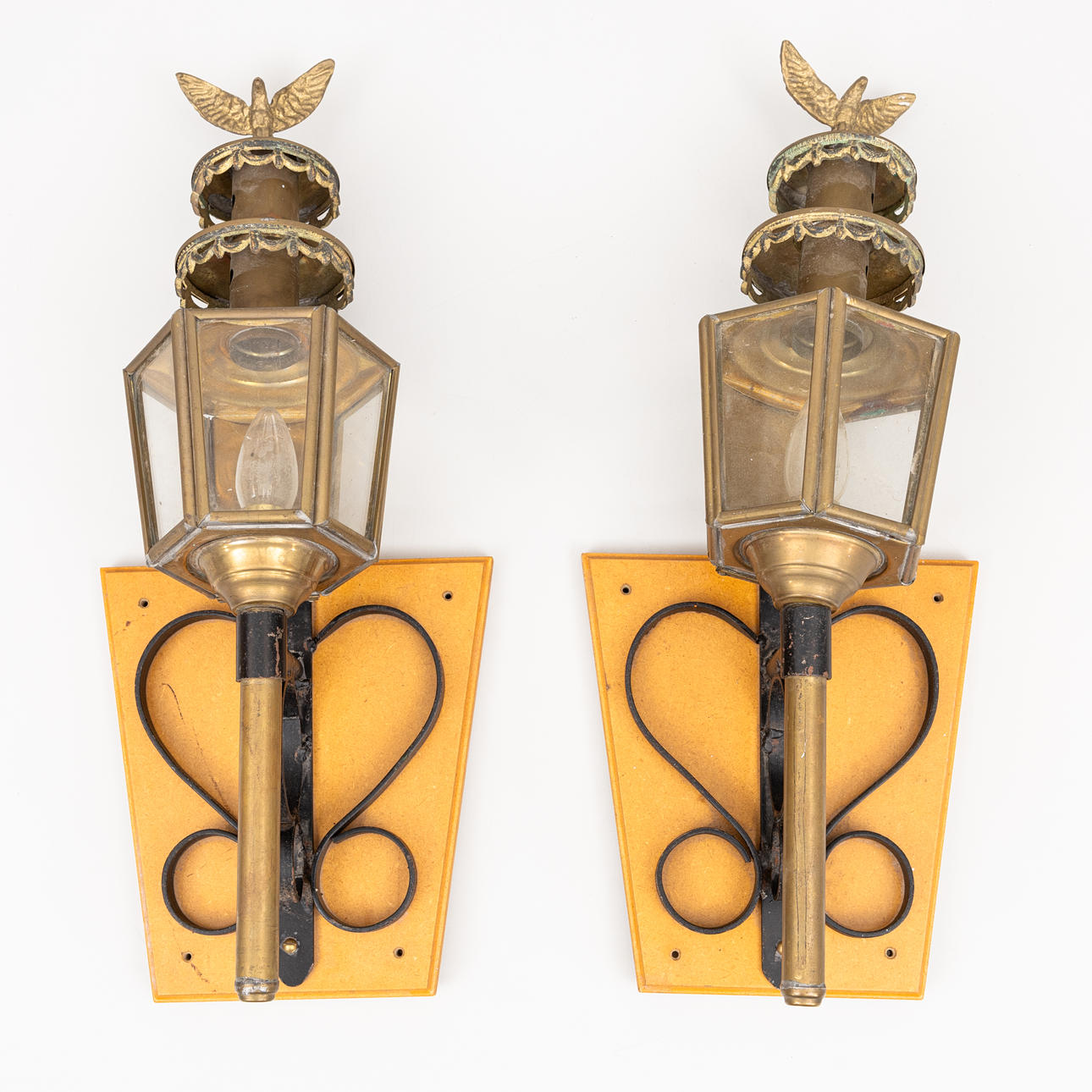 TROLLEY LAMPS, one pair, brass mounted on plate.