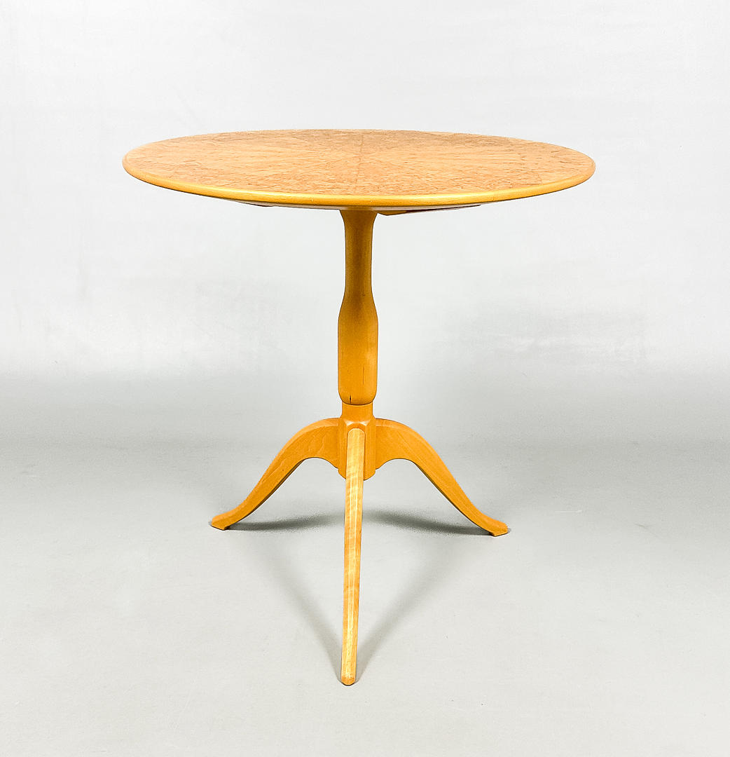 CARL MALMSTEN. PILLAR TABLE, birch with top in masur birch, “Båstad”, branded CM.