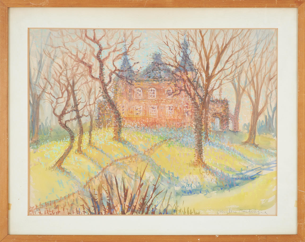 PHYLLIS MACKENZIE. House behind trees, pastel on paper, signed.
