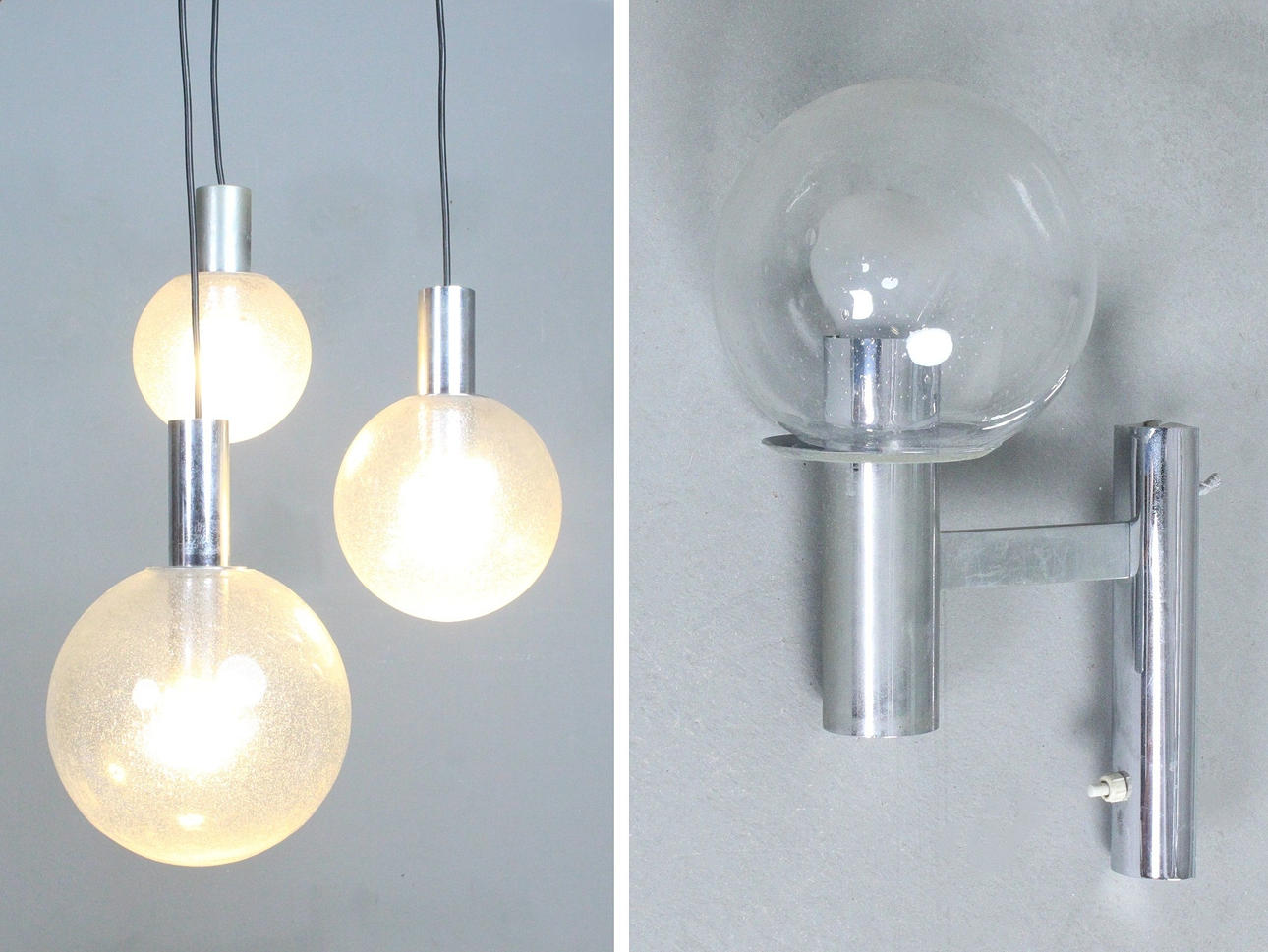 Ceiling light/cascade light and wall lamp, glass, 1970s.