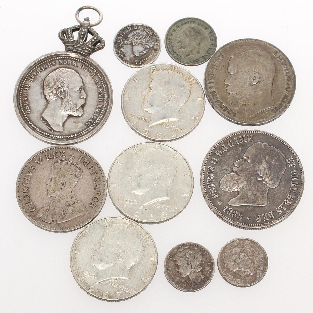 MYNT, 10 st, 40-90% silver, utländska 1800/1900-tal samt MEDALJ Kungl. Sv. Pat. Sällskapet Oscar II.