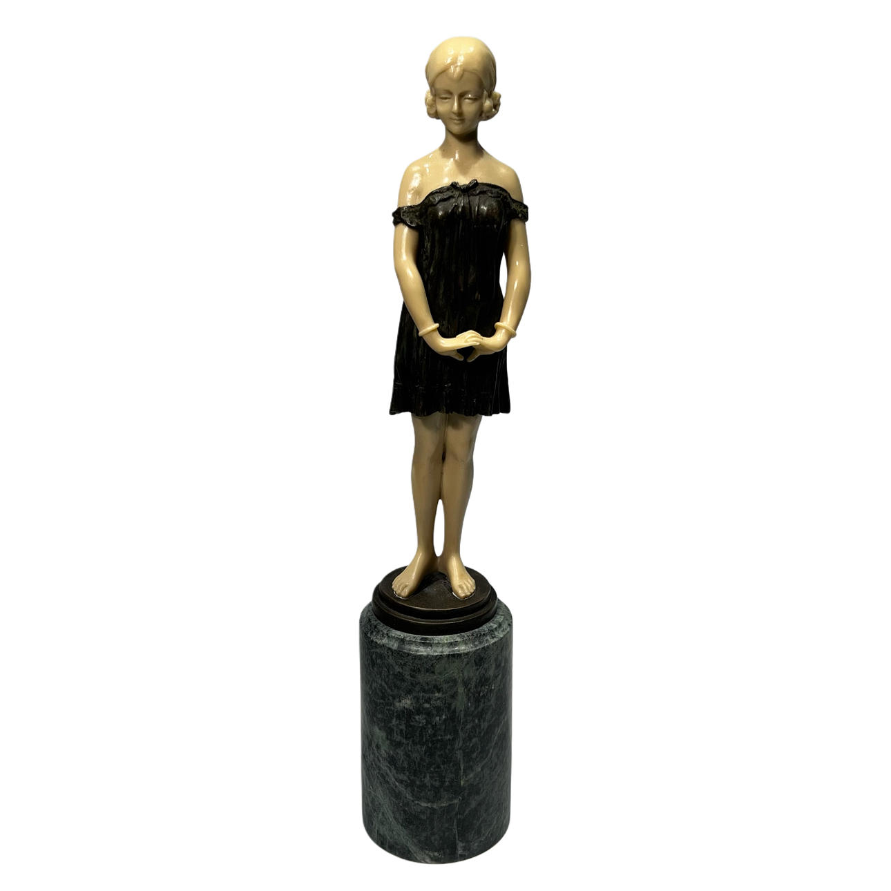 Chrysoelephantine. Figure of a young man in resin and bronze with marble base.