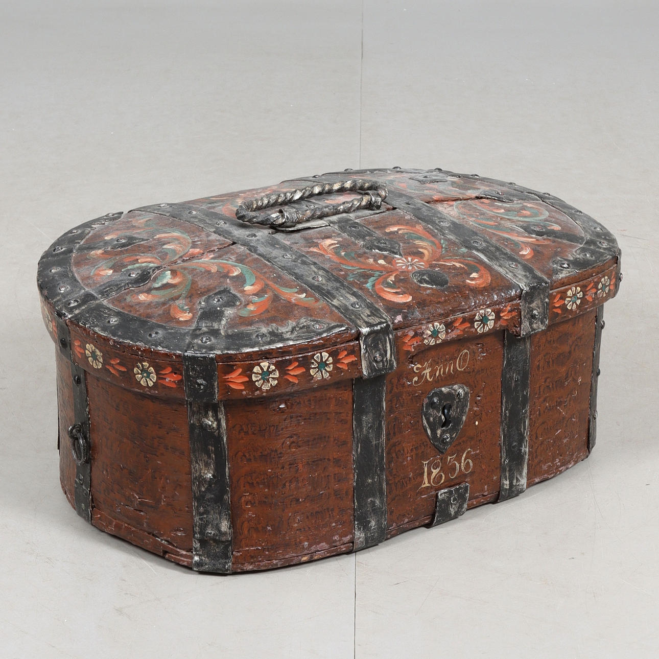 A WOODEN BOX, handloom, dated 1836.