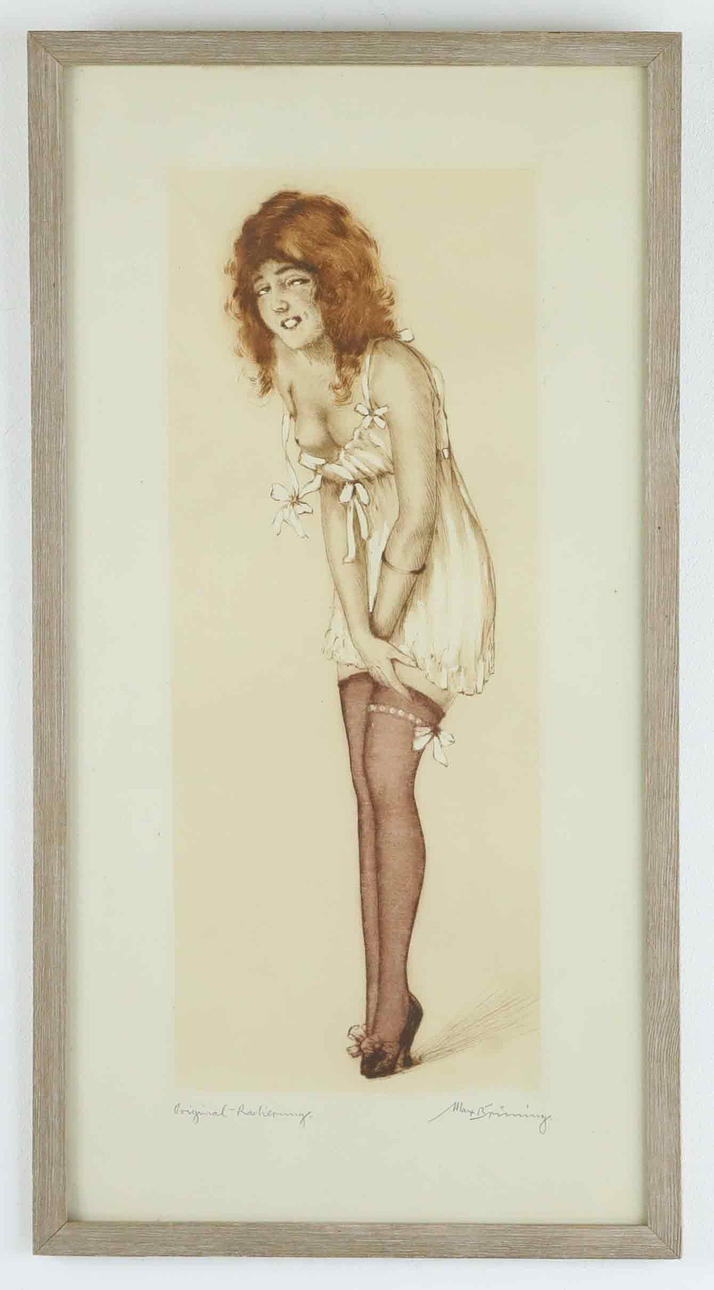 MAX BRÜNING. etching, young woman, signed.