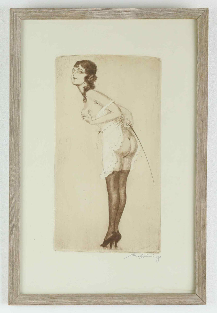 MAX BRÜNING. Ætsning, Art Decó, ung kvinde poserer, underskriver.