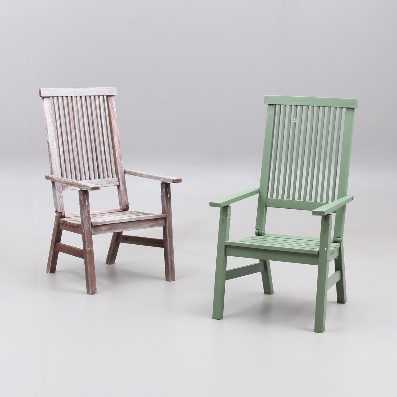 GARDEN CHAIRS, a pair, wooden, tall model with folding backrest.