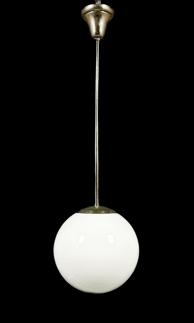 CEILING LAMP, orb model, metal, opal glass, 1930s.