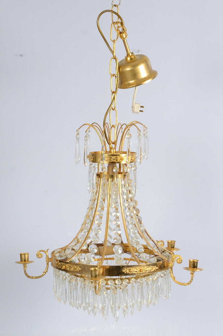 KRISTALLKRONA, mässing med prismor, 5 ljusarmar, 1900-talets senare hälft.