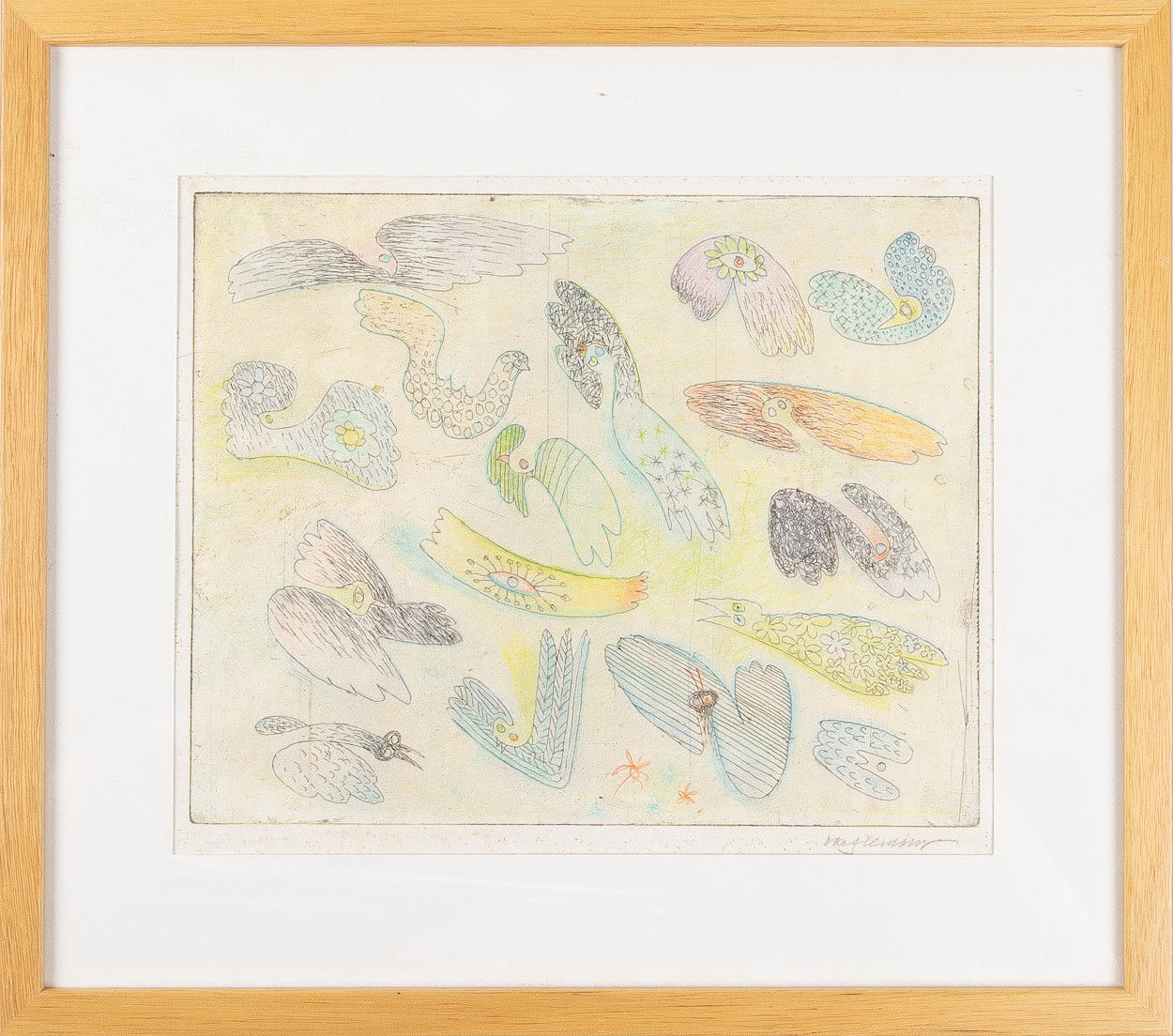 ROLF LEMKE. Etching, composition with surreal birds, signed.