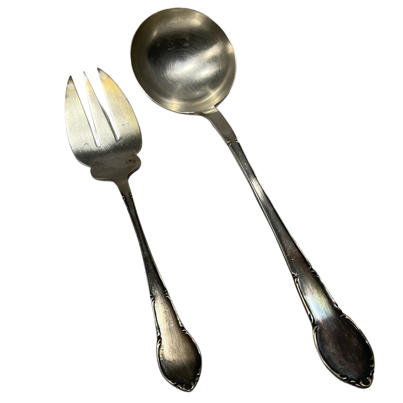 2-piece silver alpaca serving set. Ladle and large fork.