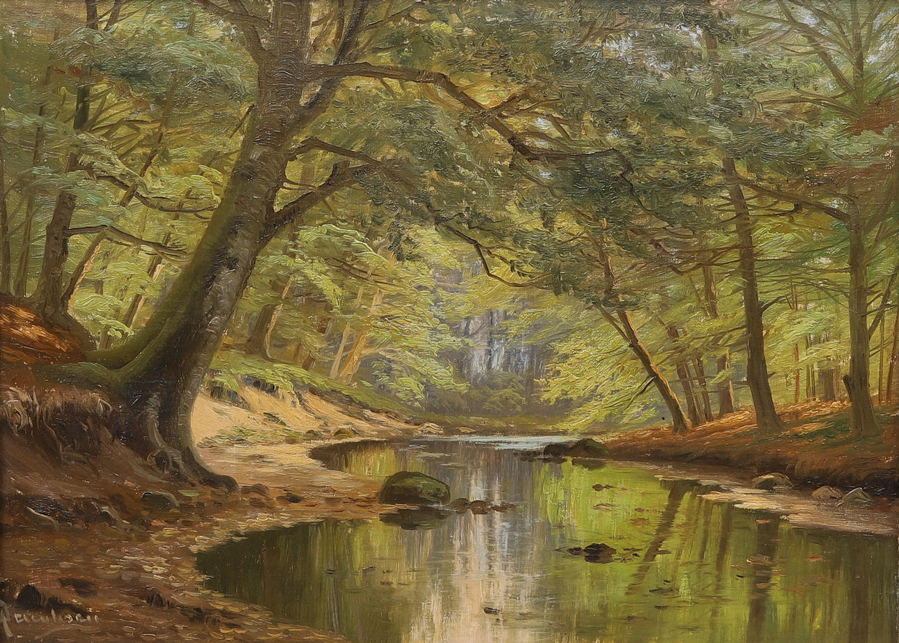 AUGUST JACOBSEN. Forest lot, oil on canvas, signed.