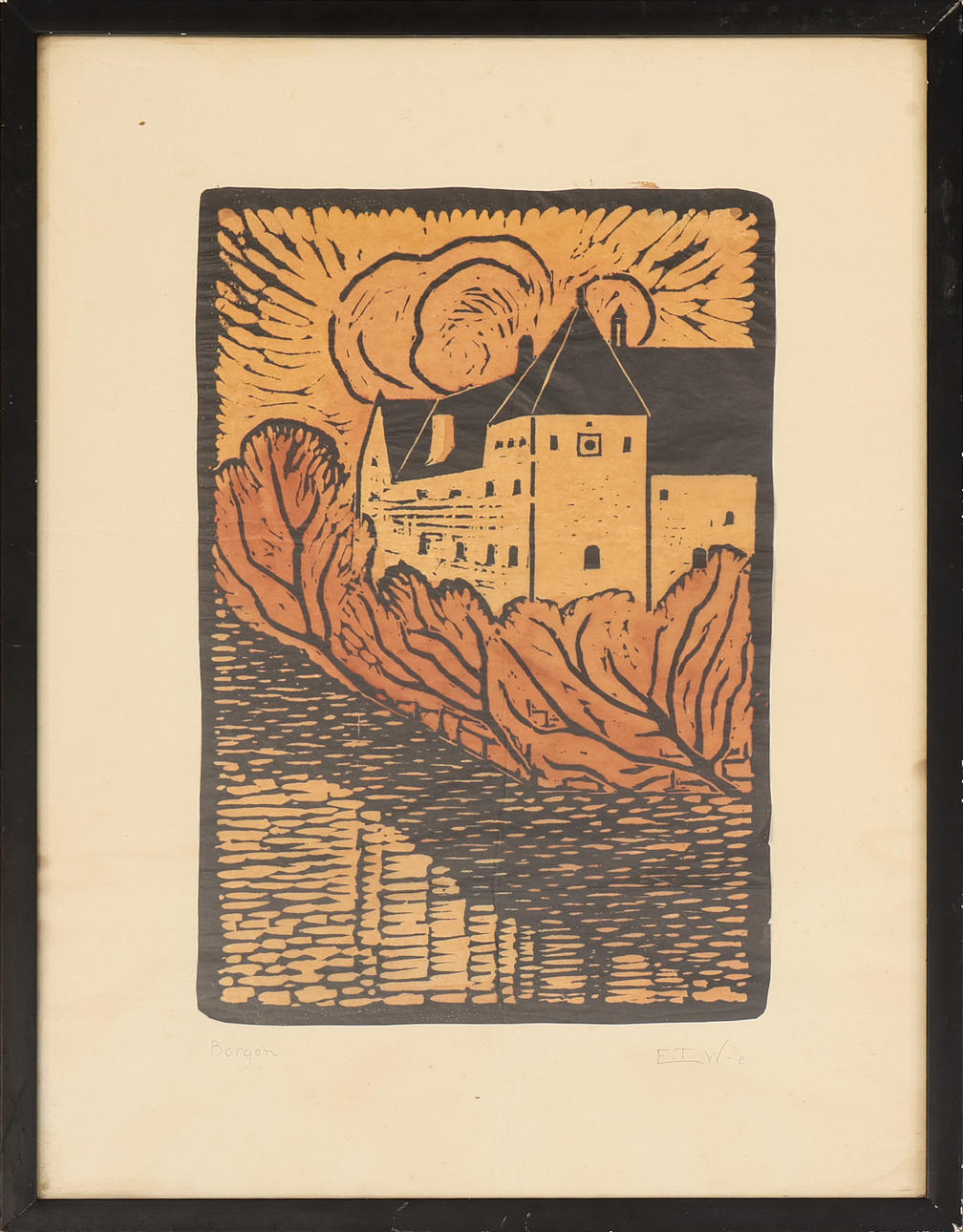 OIDENTIFIERAD KONSTNÄR. Woodcut, “Borgen” signed E.T W-E.