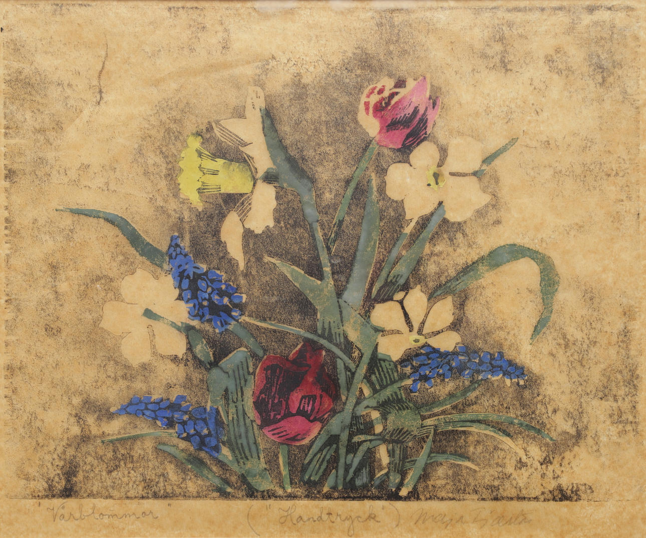 MAJA FJAESTAD. “Spring flowers”, handprint, signed.