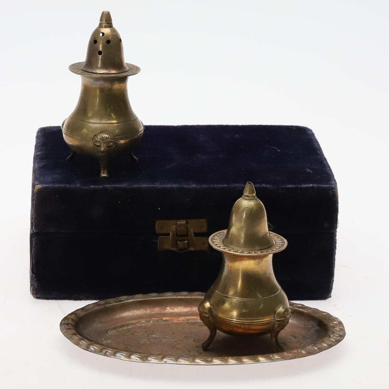 PLATTER & SPRINKLER, silver plated & patinated.