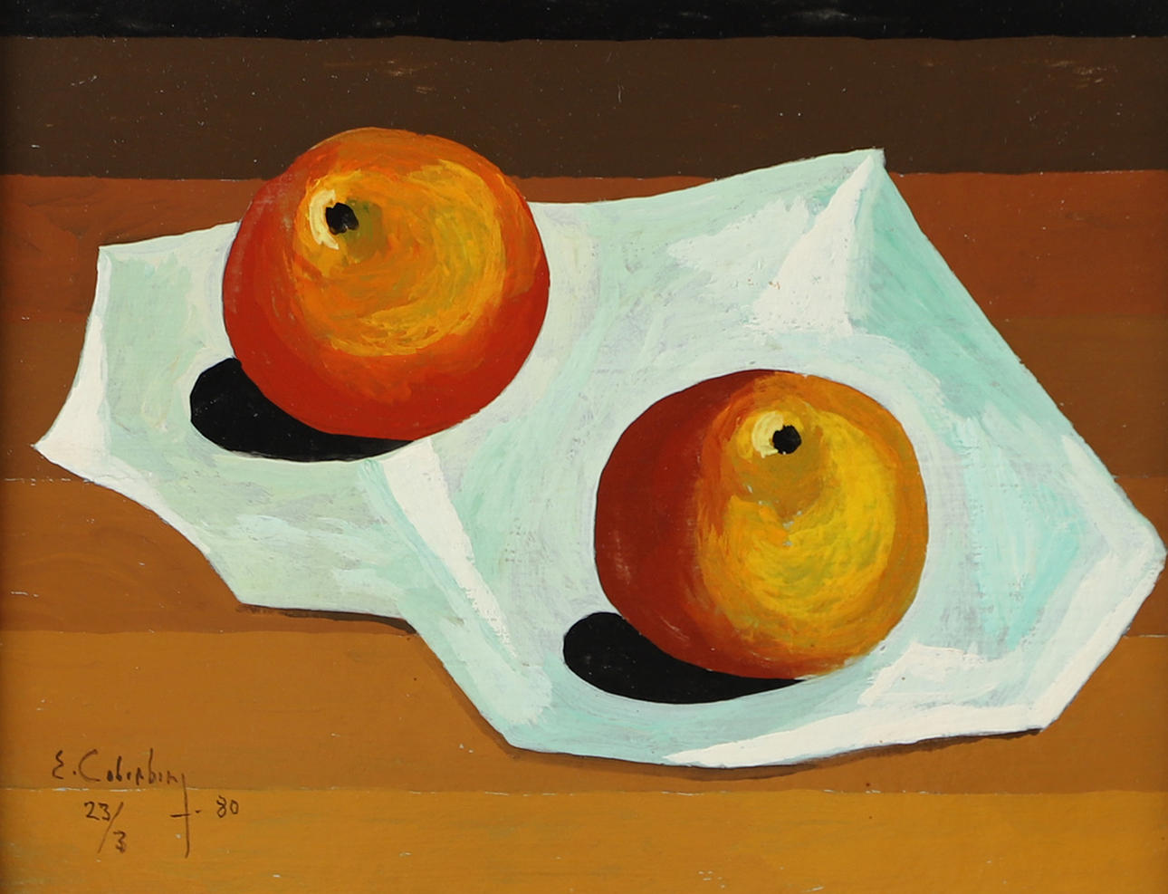 ERIC CEDERBERG. “Apples on vit du”, tempera, signed E. Cederberg.