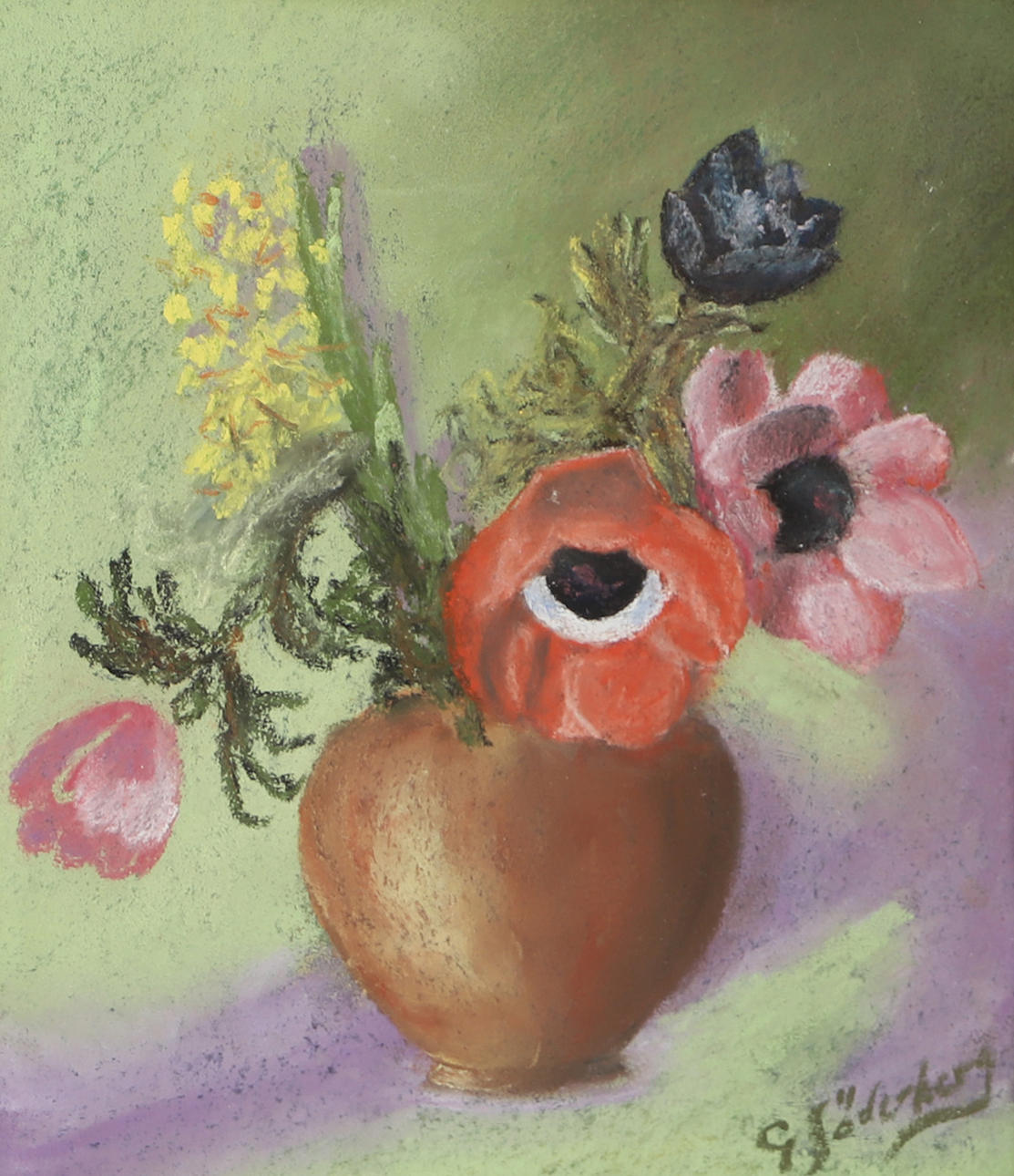 OIDENTIFIERAD KONSTNÄR. “Anemones and mini roses”, mixed media, signed Söderberg.
